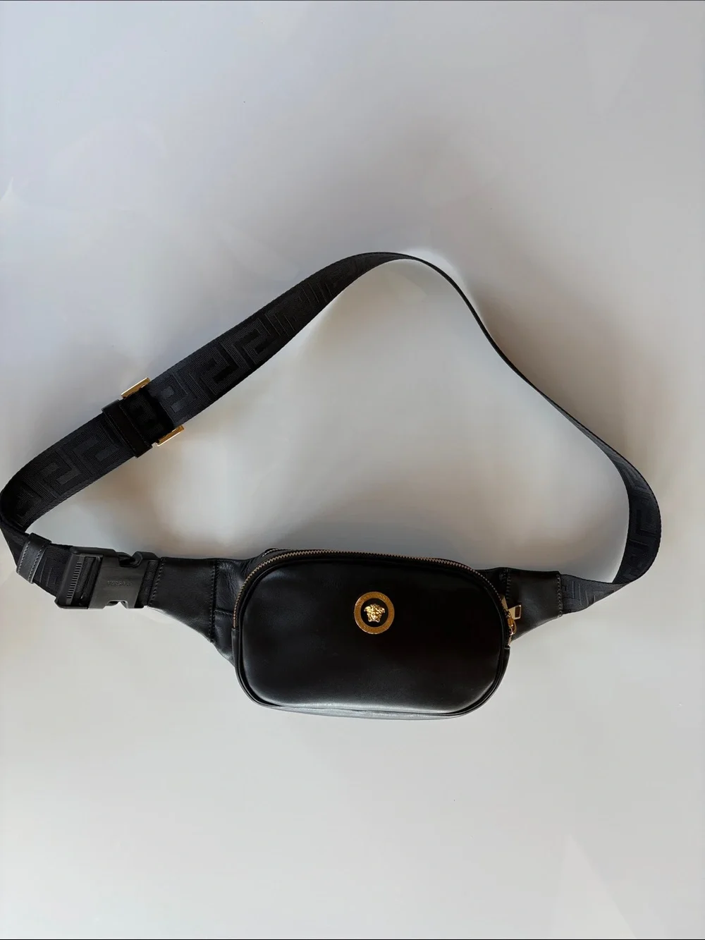 Men's Versace Black Leather Medusa Belt Bag with Signature Strap